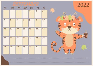 Eylül 2022 için planlama takvimi. Sonbahar yapraklarının çelengi içinde şirin bir kaplan ve pençesinde bir fincan. Çin 'de ya da doğuda Kaplan yılı. Vektör. Yatay şablon. Kırtasiye, tasarım ve yazdırma