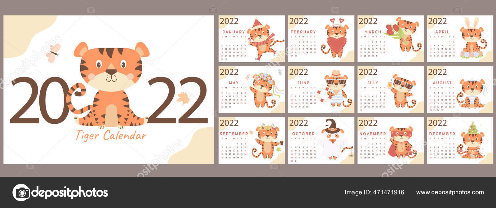 Descargar plantilla de diseño de calendario para 2022, el año del tigre  según el calendario chino o orien…
