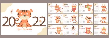 Yıl 2022 Takvim Şablonu. 12 sayfalık bir set ve İngilizce turuncu kaplanlı bir kapak. Çin ya da Doğu takviminde Kaplan Yılı. Vektör çizimi. Kırtasiye, tasarım, yazdırma 