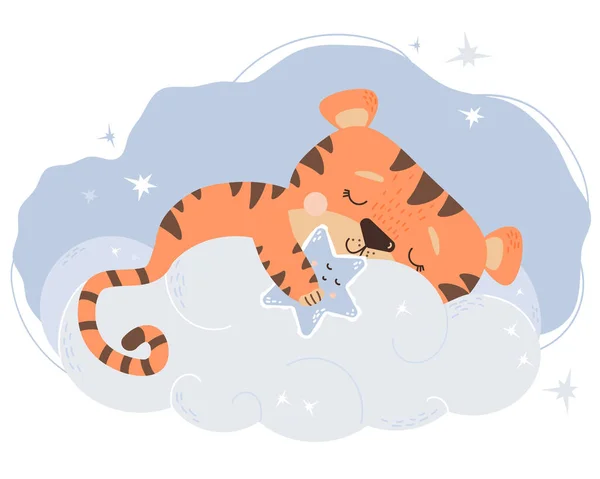 A cute tiger cub sleeps on a starry gentle blue cloud. 2022 - Year of the Tiger in Chinese or oriental. Vector illustration. Baby animal concept for nursery, design, decoration, postcards and prints