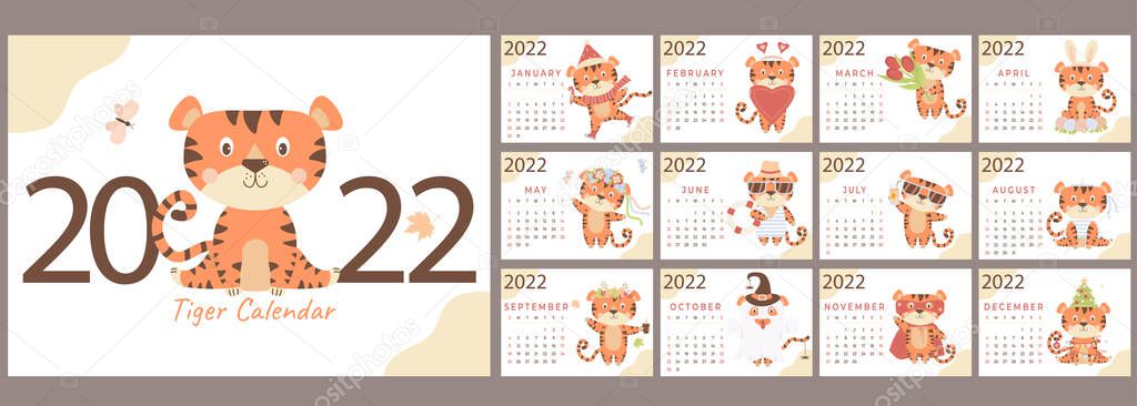 Year 2022 Calendar Template. A set of 12 pages and a cover with a cute orange tiger In English. Year of the Tiger in the Chinese or Eastern calendar. Vector illustration. Stationery, design, print 