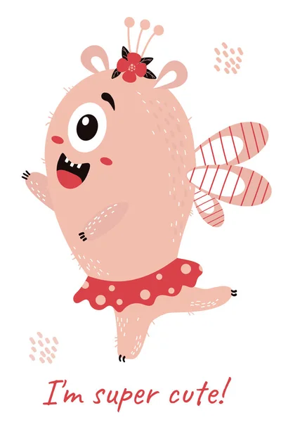 Pocztówka Cute Różowy Skrzydlaty Potwór Dziewczyna Tekt Jestem Super Słodkie — Wektor stockowy