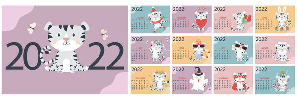 Template for the annual calendar 2022. set of 12 pages and a cover with a cute white tiger In English. Vector illustration. Week from Monday. Year of the Tiger according to the Chinese calendar