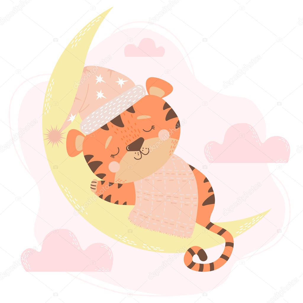 cute tiger girl cub in a nightcap sleeps on the moon on pink background with clouds. Vector illustration. Baby animal concept for nursery, design, decoration, postcards and prints. Year of the Tiger