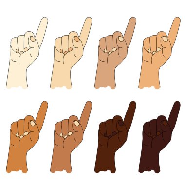 Farklı ten renkleri olan etnik eller. El hareketi. İnsan eli bir işaret parmağı gösteriyor. jest - bir numara ya da dikkat. Vektör karışık çizimi