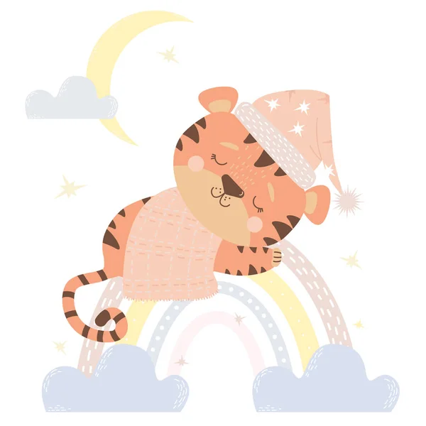 Uma menina tigre bonito em uma bebida rosa dorme em um arco-íris. Contra o fundo da lua com nuvens. Vector. Conceito de animal de bebê para berçário, design, decoração, cartões postais e impressões — Vetor de Stock