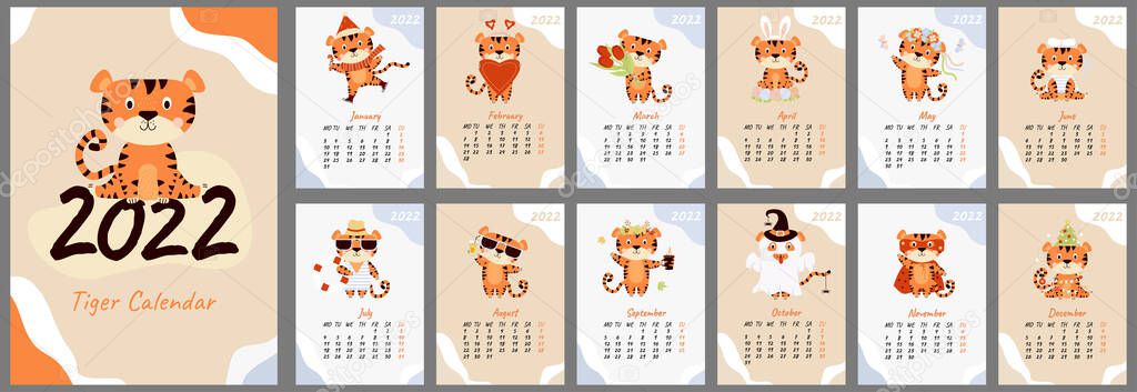 Wall calendar template for 2022. Year of the Tiger in the Chinese or Eastern calendar. A set of 12 pages and a cover with a cute striped tiger. Vector illustration. Stationery, design, print and decor