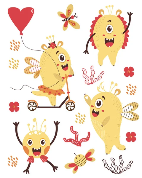 Conjunto de monstros fantásticos bonitos. Criaturas amarelas - uma garota monstro monta uma scooter com um balão, um menino acenando com a pata. Ilustração vetorial. Para cartões infantis, design, decoração e impressão — Vetor de Stock