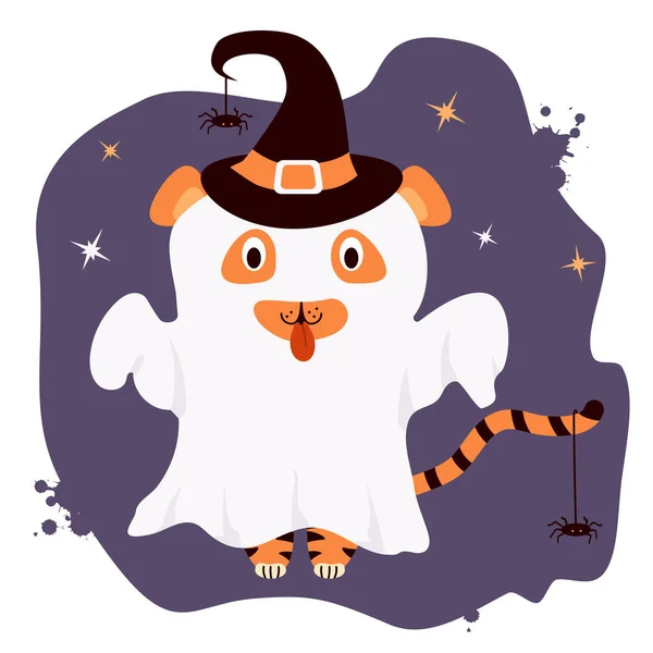 Τρομακτικό άγριο ζώο - τίγρης για το Halloween. Ο χαρακτήρας είναι ένα φάντασμα στα λευκά, που φοράει καπέλο μάγισσας και αράχνες σε μωβ φόντο με αστέρια. Σύμβολο τίγρης του νέου έτους 2022. Εικονογράφηση διανύσματος — Διανυσματικό Αρχείο