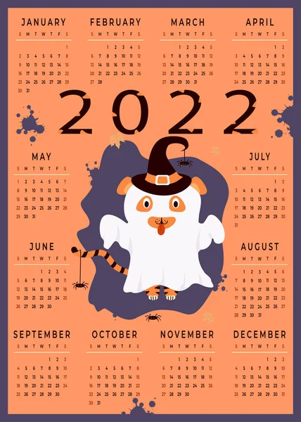 Calendar for 2022 with animal tiger. The character is a Halloween ghost with a witch hat and spiders. Tiger symbol of the new year 2022. Vector illustration. 12 months calendar vertical template — Stock Vector