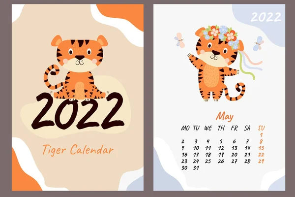 Kalender Voor Mei 2022 Dekking Een Schattig Tijgerwelpje Danst Een — Stockvector