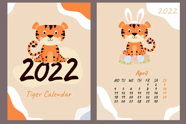 Calendrier Couverture Pour Avril 2022 Mignon Petit Tigre Pâques Avec — Image vectorielle