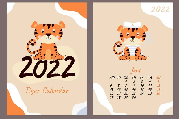 Kalendersatz Für Juni 2022 Und Umschlag Netter Tigersegler Weste Und — Stockvektor