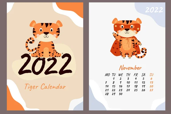 Set November 2022 Calendar Cover Cute Tiger Wizard Mask Red — Stock Vector