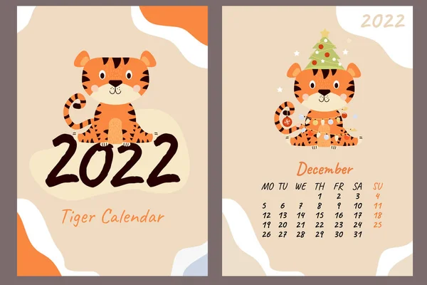 Set December 2022 Calendar Cover Cute Tiger Cub Christmas Tree — Stock Vector