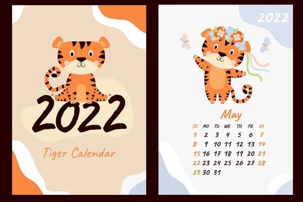 Naptárkészlet 2022 Májusára Fedezet Egy Aranyos Tigris Kölyök Táncol Egy — Stock Vector