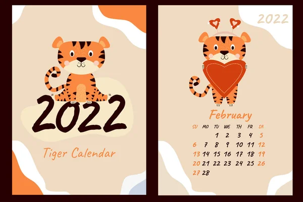 2022年2月カレンダーとカバー ハートのかわいいトラの赤ちゃんは バレンタインデーにお祝いします 中国や東洋でのタイガーの年 ベクトル 縦型A4テンプレート 週は日曜日から始まる — ストックベクタ