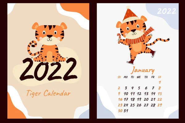 Calendar January 2022 Cute Tiger Cub Scarf Santa Hat Lollipop — Stock Vector