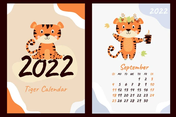 Set September 2022 Calendar Cover Cute Tiger Wreath Autumn Leaves — Stock Vector