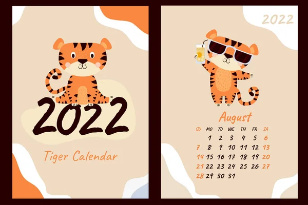 Zestaw Kalendarza Pokrycia Sierpnia 2022 Roku Słodki Tygrys Okularach Przeciwsłonecznych — Wektor stockowy