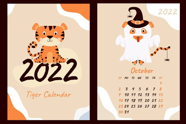 Set Octubre 2022 Calendario Cubierta Lindo Tigre Fantasma Sombrero Con — Archivo Imágenes Vectoriales