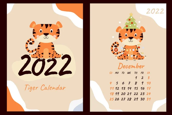 Set December 2022 Calendar Cover Cute Tiger Cub Christmas Tree — Stock Vector
