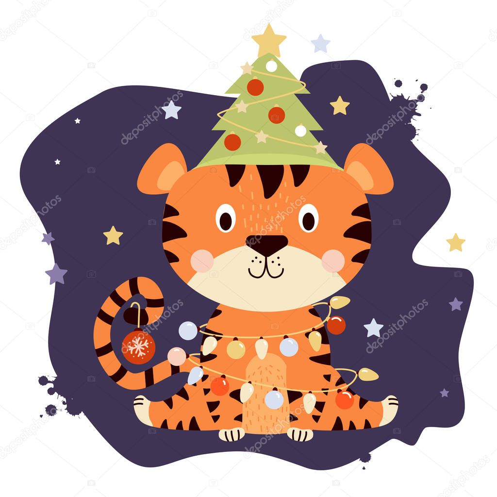 Cute tiger cub with a Christmas tree, toys and garlands. Sits on a purple background with stars. Year of the Tiger in Chinese or oriental. Vector illustration for postcards, cards, design and print.