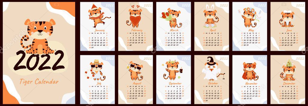 Wall calendar template for 2022. Year of the Tiger in the Chinese or Eastern calendar. A set of 12 pages and a cover with a cute striped tiger. Vector illustration. Stationery, design, print and decor