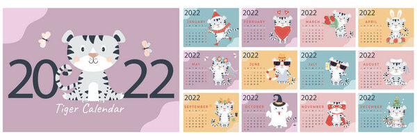  2022. Template for the annual animal calendar. A set of 12 pages and a cover with a cute white tiger. Week starts on Sunday. Year of the Tiger according to the Chinese or Eastern calendar. Vector