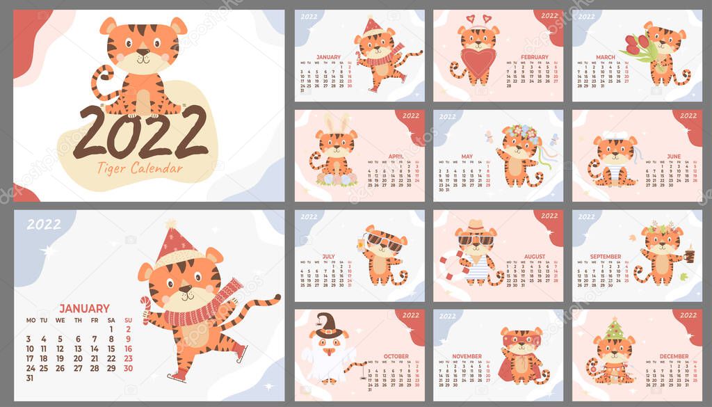 Wall calendar template for 2022. Year of the Tiger in the Chinese or Eastern calendar. set of 12 pages and a cover with a cute striped tiger. Vector illustration. Week from Monday