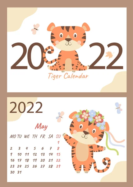 Kalender Voor Mei 2022 Dekking Schattig Tijgerjong Danst Een Krans — Stockvector