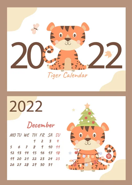 Set December 2022 Calendar Cover Cute Tiger Cub Christmas Tree — Stock Vector