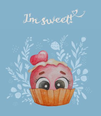 Üzerinde çiçek desenli mavi bir arka planda gözlüklü tatlı bir dondurma topu olan bir kartpostal. Mesaj at, çok tatlıyım. Suluboya çizimi. El çizimi