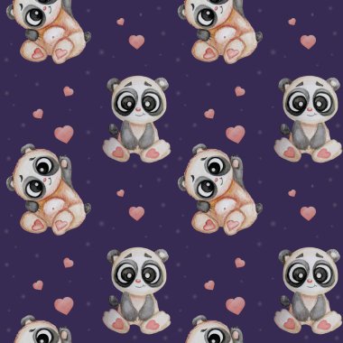 Ayılarla kusursuz desenler. Mor arka planda farklı duyguları ve kalpleri olan sevimli, komik bir panda. Suluboya. Çocuk koleksiyonu. Yazdırma, tekstil, duvar kağıdı, ambalaj, tasarım, dekorasyon için