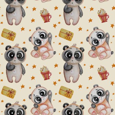 Kusursuz desenler. Açık sarı arka planda, yıldızlı ve şekerli sevimli komik pandalar. Suluboya. Çocuk koleksiyonu. Yazdırma, tekstil, duvar kağıdı, ambalaj, tasarım ve dekorasyon için 