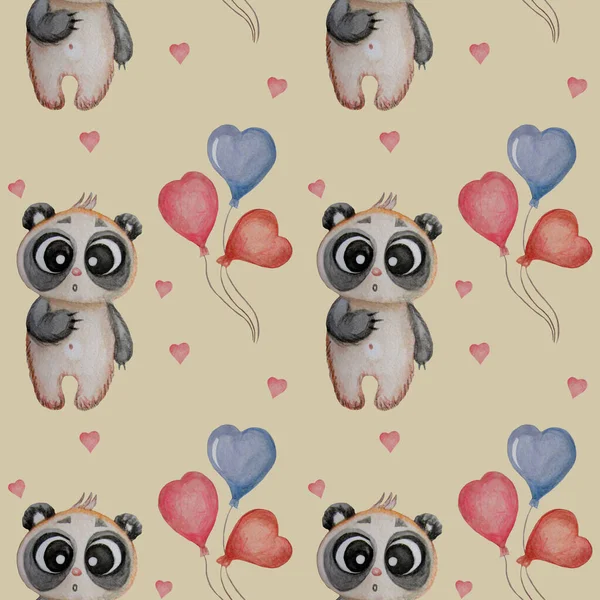 Seamless patterns with cute panda. A surprised little teddy bear stands with balloons on beige background with hearts. Watercolor. Kids collection For print, textiles, wallpaper, packaging, decoration