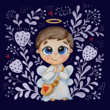 Kanatları olan sevimli bir melek çocuk ve çiçek desenli mavi arka planda beyaz elbiseli bir halkası var. Suluboya. Tasarım, kartpostal, dekor ve baskı için çocuk koleksiyonu
