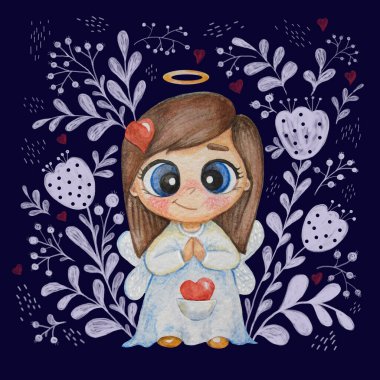 Uzun saçlı, beyaz elbiseli, mavi arka planda çiçekli dekoratif desenli kalpleri olan tatlı bir melek kız. Suluboya. Tasarım, kartpostal, dekor ve baskı için çocuk koleksiyonu