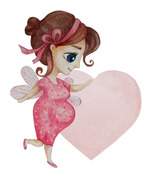 Przyszłe Macierzyństwo Szczęśliwa Ciężarna Wróżka Różowej Sukience Tle Dużego Serca — Zdjęcie stockowe