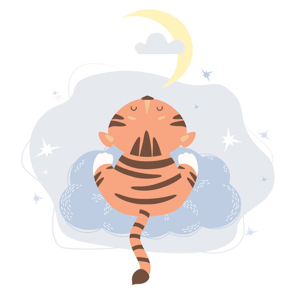 Cute tiger sits on a cloud with his back. Looks at the starry sky and the moon. Vector. Striped animal for kids collection, for design, decor, postcards and decorations, prints and posters, nurseries