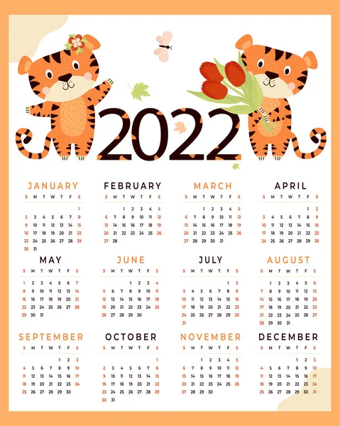 Kalender För 2022 Med Tiger Söta Djur Med Blommor Och — Stock vektor