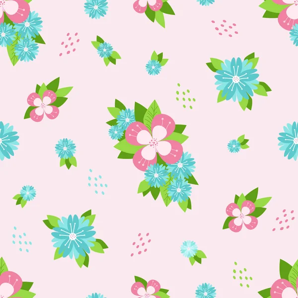 Patrón Sin Costuras Flores Multicolores Hojas Sobre Fondo Rosa Claro — Vector de stock