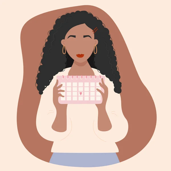 カレンダーを見てる 女性の月経周期カレンダーを手に持つ美しい民族黒の少女 ベクターイラスト — ストックベクタ