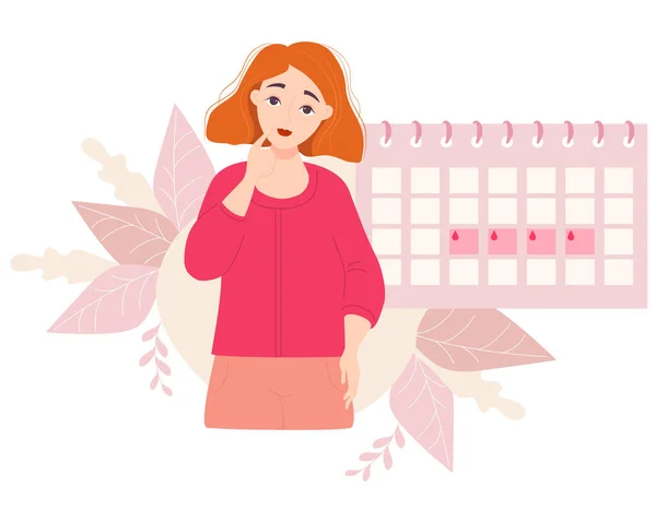 女孩看日历 美丽的苦思冥想的红头发女孩和月历的女性月经周期背景下的叶型图案 矢量图解 妇女健康概念 — 图库矢量图片