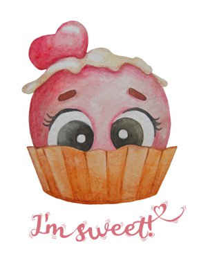 Karakterli kartpostal. Pembe kepçe dondurma, üzerinde beyaz arka planda gözleriyle waffle fincanı olan - Ben tatlıyım. Suluboya çizimi. El çizimi