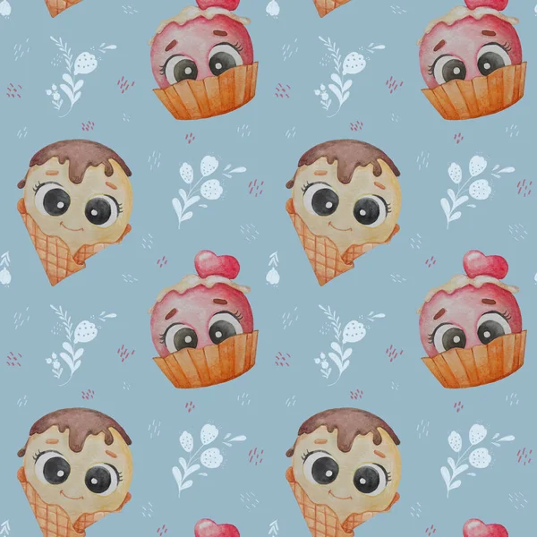 Seamless pattern. Character - ball of ice cream a girl and boy with eyes in a waffle cup on a light background with a floral pattern. Watercolor. for wallpaper, printing, packaging, textiles and decor