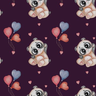 Kusursuz desenli şirin oyuncak ayı. Komik küçük panda oturur ve balonlarla kırmızı arka planda patisini sallar. Suluboya. Baskı, tekstil, duvar kağıdı, ambalaj, tasarım, dekor için çocuk koleksiyonu