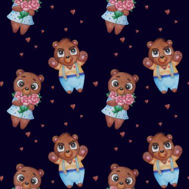 Kahverengi ayılarda pürüzsüz desen. Şirin hayvanlar. Çiçekli bir kız ve koyu mavi arka planda pantolon giyen bir adam. Suluboya. Tekstil, duvar kağıdı, ambalaj, dekor için