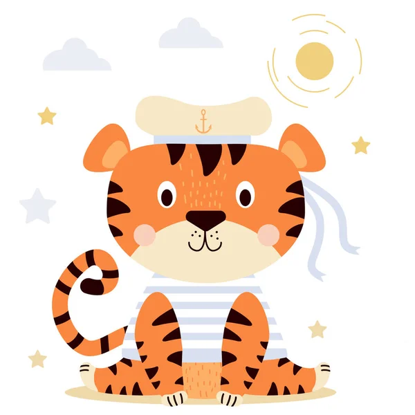 Egy Aranyos Tigris Nap Alatt Egy Vicces Karakter Tengeri Ruhákban — Stock Vector