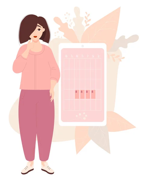 Das Mädchen schaut auf den Frauenkalender. Schöne nachdenkliche Frau, steht neben dem Kalender der weiblichen Gesundheit und Menstruation auf dem Telefonbildschirm. Vektorillustration. Frauengesundheitskonzept — Stockvektor